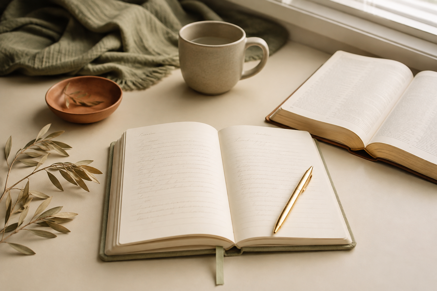 Open quiet-time journal beside a Bible and gold pen in soft morning light